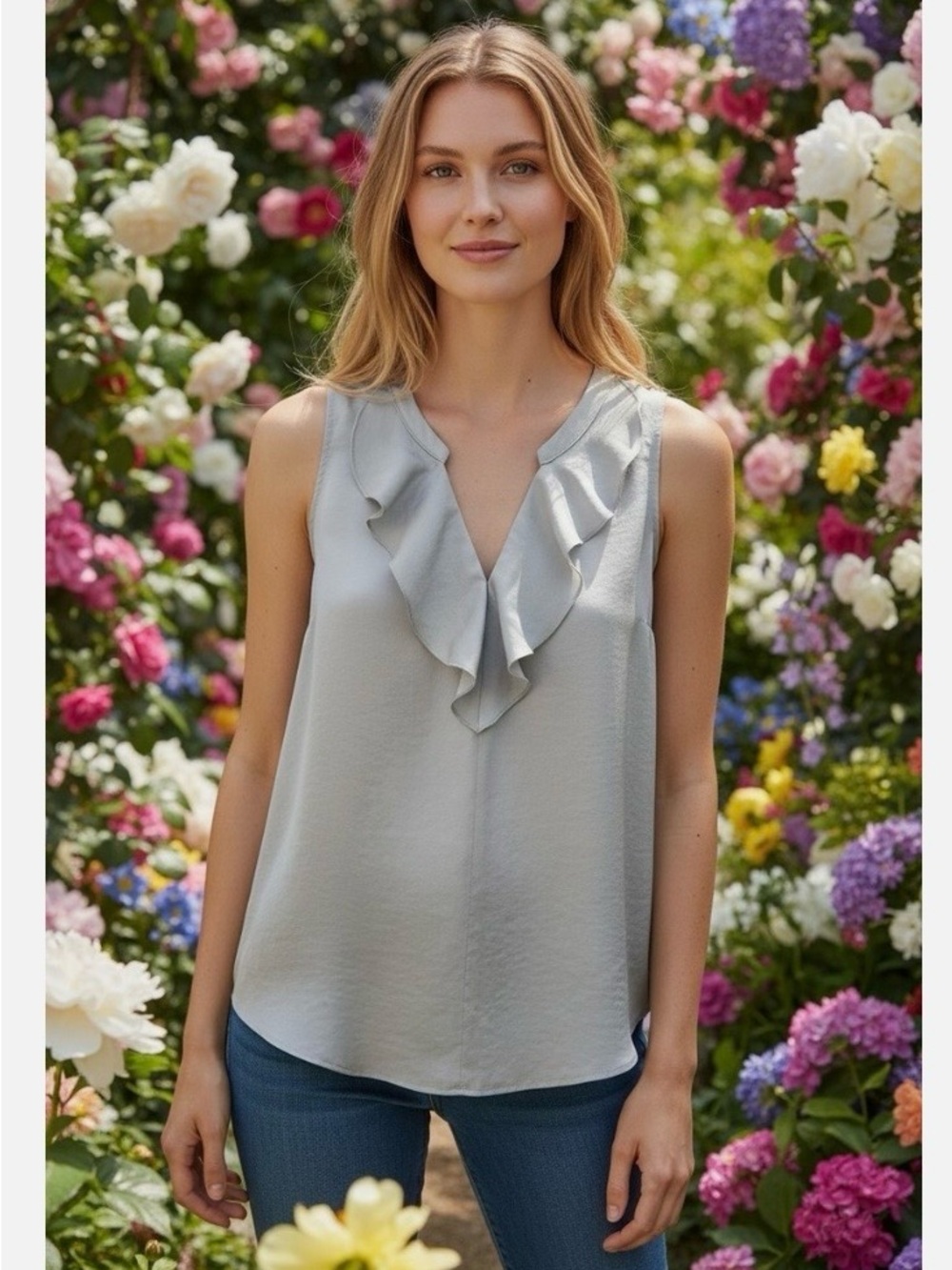 Cabi Showstopper Sleeveless Ruffle V-Neck Top in Silver